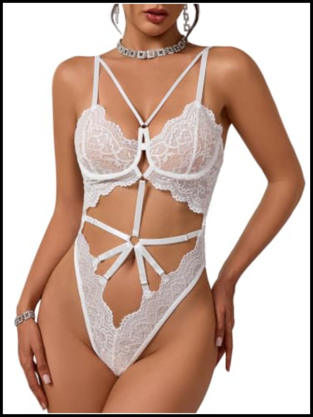 Sheer Lace Cut Out Deep V Bodysuit One Piece Teddy Lingerie